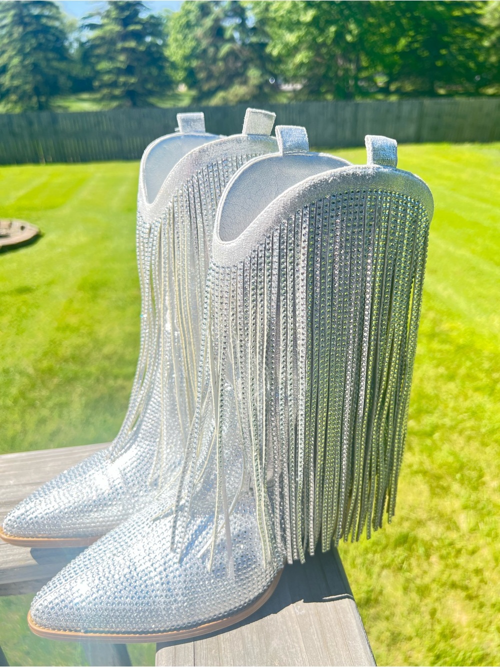 Silver Fringe Rhinestone Heeled Boots